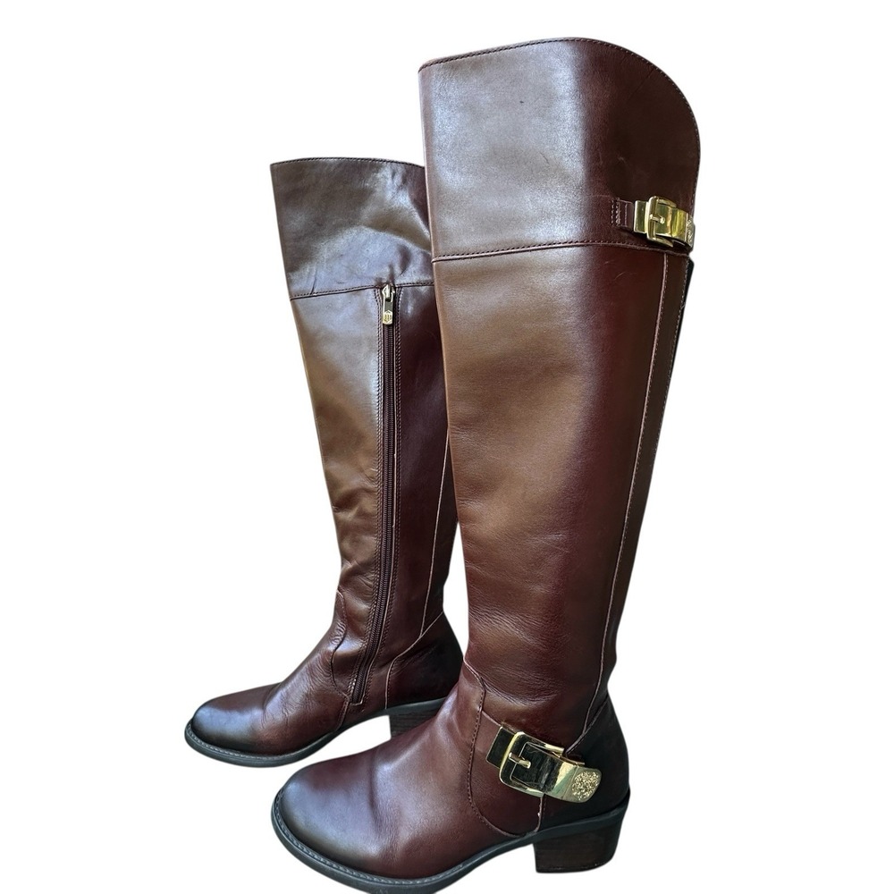 Vince Camuto Knee-High Riding Boots Women's Size 6.5M Brown Bocca Gold Buckle‎